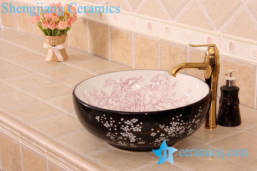 YL-C_7222 YL-C_7552 Factory outlet Plum blossom flower colorful round porcelain cabinet top sink basin bowls - shengjiang  ceramic  factory   porcelain art hand basin wash sink