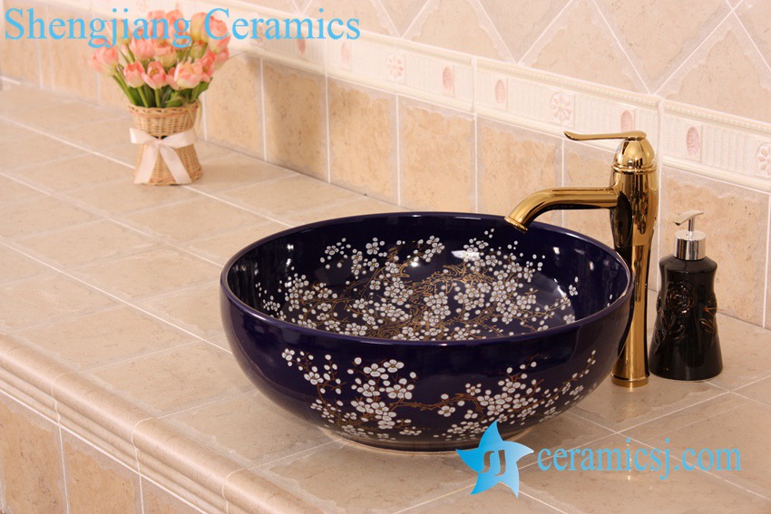 YL-C_7231 YL-C_7552 Factory outlet Plum blossom flower colorful round porcelain cabinet top sink basin bowls - shengjiang  ceramic  factory   porcelain art hand basin wash sink