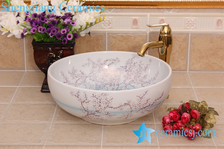 YL-C_8223 YL-C_7552 Factory outlet Plum blossom flower colorful round porcelain cabinet top sink basin bowls - shengjiang  ceramic  factory   porcelain art hand basin wash sink