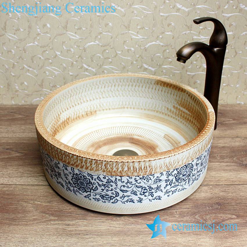 YL-E-2 YL-E-2 Ripple engraving pottery style counter top round wash basin sink vaintiy - shengjiang  ceramic  factory   porcelain art hand basin wash sink