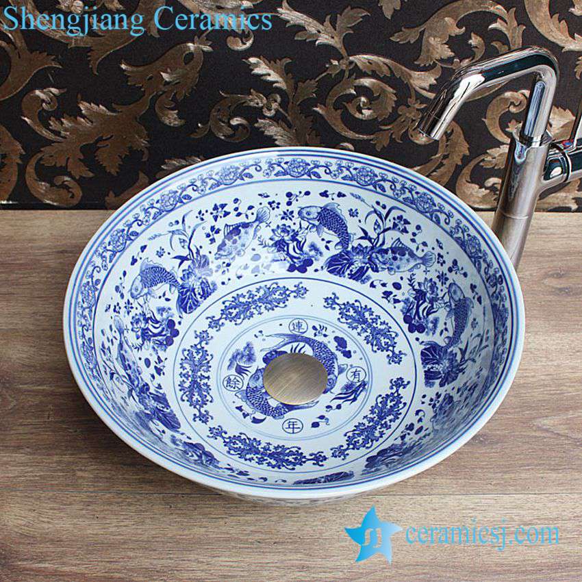 YL-E-4 YL-E-4 Chinese traditional style lucky fish pattern blue and white porcelain chinaware table above sanitary ware basin - shengjiang  ceramic  factory   porcelain art hand basin wash sink