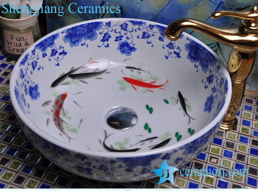 YL-E-5 YL-E-5 Golden fish blue and white counter above ceramic wash basin sink bowl - shengjiang  ceramic  factory   porcelain art hand basin wash sink