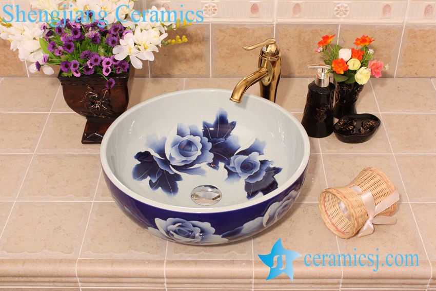 YL-E_6442 YL-E_6442 Blue and white elegant porcelain vanity top corner sink bowl - shengjiang  ceramic  factory   porcelain art hand basin wash sink