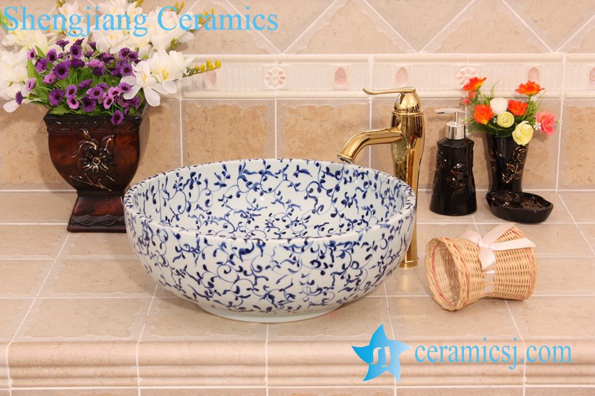 YL-E_6585 YL-E_6585 Fancy blue and white interlock branch lotus design shampoo sink - shengjiang  ceramic  factory   porcelain art hand basin wash sink