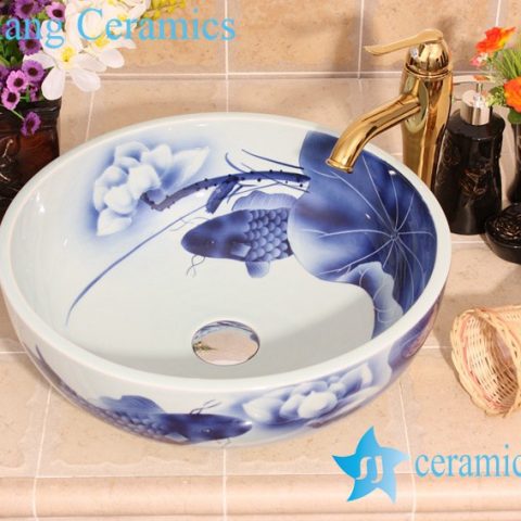 YL-E_6649 Koi fish with lotus flower design blue and white freestanding table top vessel sink bowl