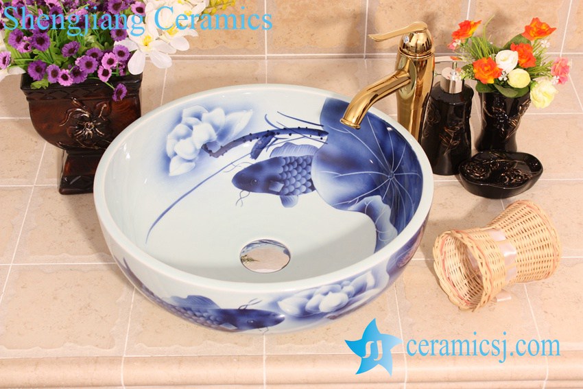 YL-E_6649 YL-E_6649 Koi fish with lotus flower design blue and white freestanding table top vessel sink bowl - shengjiang  ceramic  factory   porcelain art hand basin wash sink