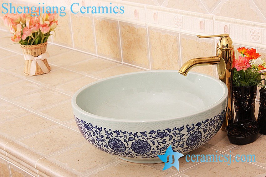 YL-E_6828 YL-E_6828 Celadon ground interlock branch lotus pattern blue and white round counter top wash basin - shengjiang  ceramic  factory   porcelain art hand basin wash sink
