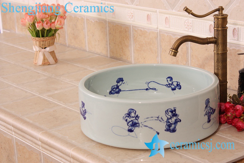 YL-E_7054 YL-E_7054 Chinese style blue and white cute round porcelain sink basin bowl for bathroom - shengjiang  ceramic  factory   porcelain art hand basin wash sink