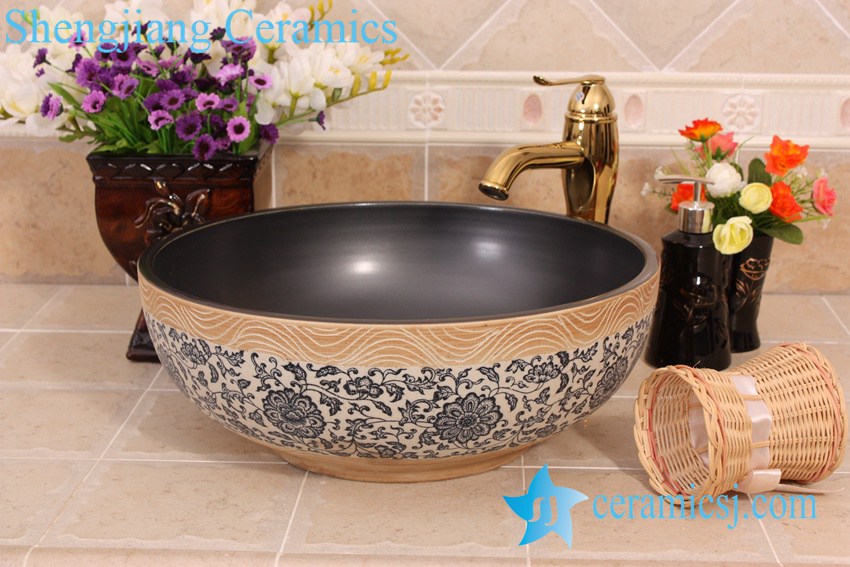 YL-E_7515 YL-E_7515 solid color inside interlock branch lotus flower outside counter abover round ceramic wash basin bowl - shengjiang  ceramic  factory   porcelain art hand basin wash sink