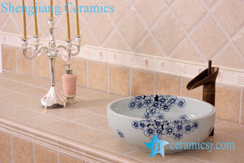 YL-E_7551 YL-E_7551 Fancy plum flower pattern blue and white porcelain corner sink bowl - shengjiang  ceramic  factory   porcelain art hand basin wash sink