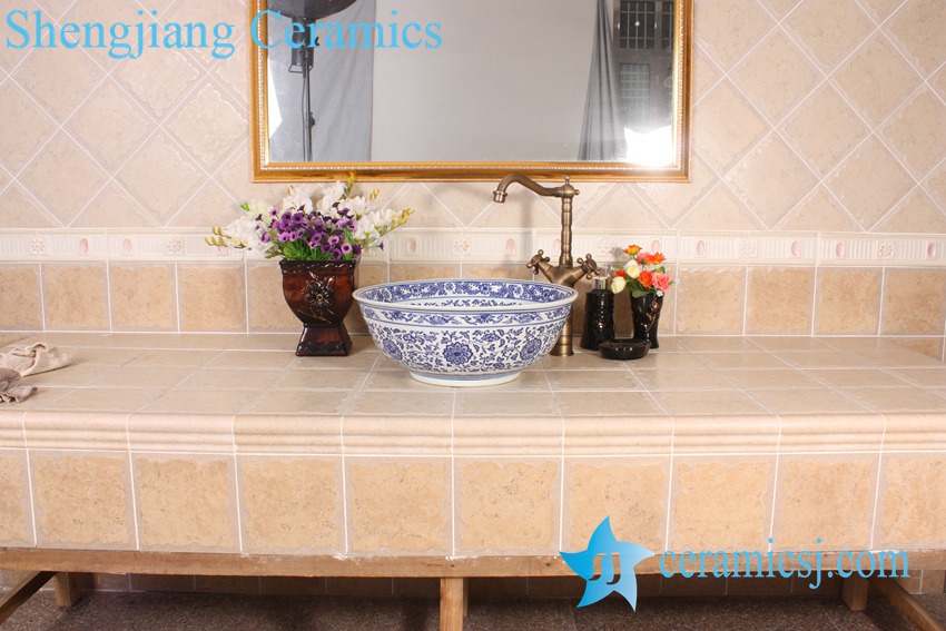 YL-E_8533 YL-E_8533 Factory direct sale extravagant design China tranditional blue and white line lotus flower paint porcelain counter top wash basin sink - shengjiang  ceramic  factory   porcelain art hand basin wash sink