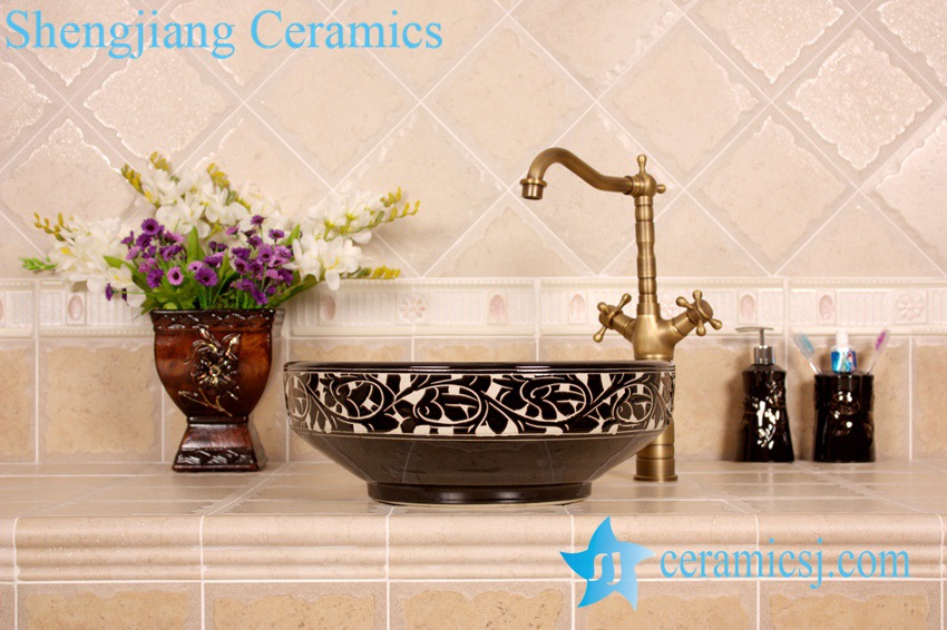 YL-G_4193 YL-G_4193 Elegant black solid color glaze hand carving round chinaware cabinet above sink basin bowl - shengjiang  ceramic  factory   porcelain art hand basin wash sink