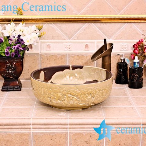 YL-G_5254 Luxury hand engraving ivory lotus flower design cabinet top wash basin sink