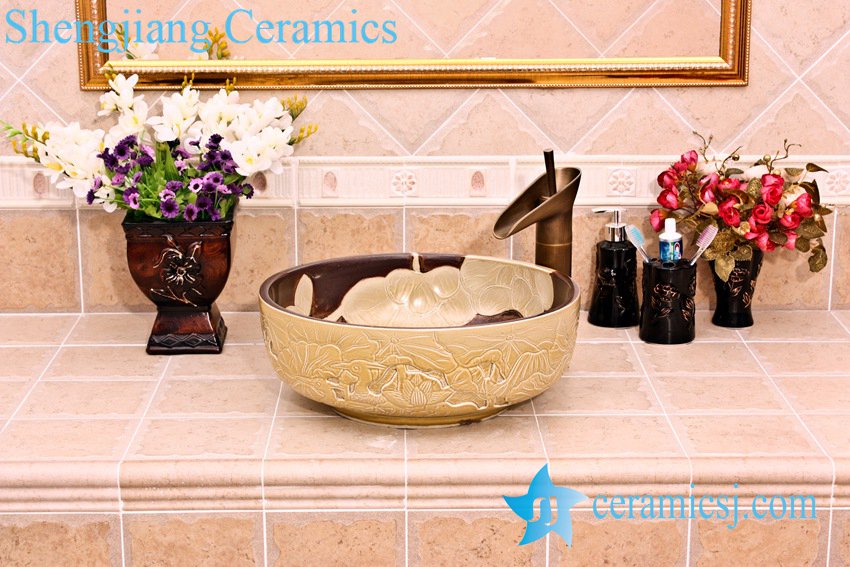 YL-G_5254 YL-G_5254 Luxury hand engraving ivory lotus flower design cabinet top wash basin sink - shengjiang  ceramic  factory   porcelain art hand basin wash sink