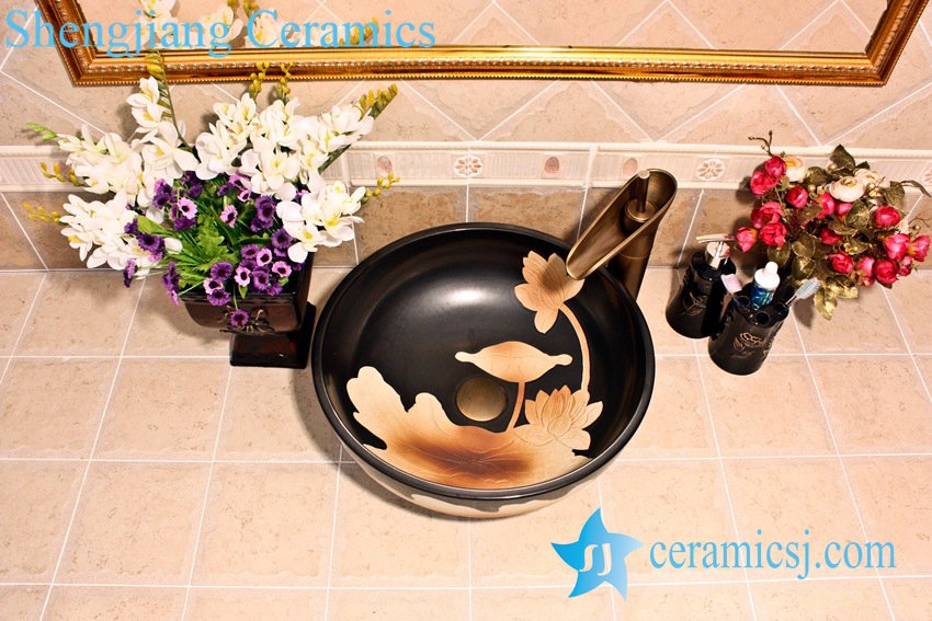YL-G_5322 YL-G_5322 Art ceramic counter top wash basin black color lotus engraving design - shengjiang  ceramic  factory   porcelain art hand basin wash sink