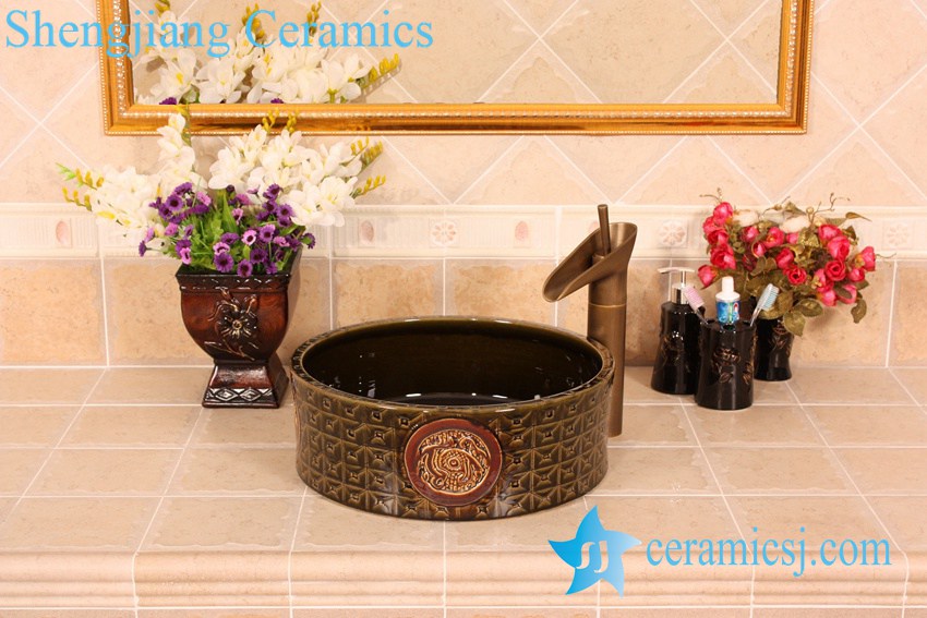 YL-G_5382 YL-G_5382 Solid color glazed unique engraving round vanity above ceramic sink for bathroom outdoor kitchen hotel - shengjiang  ceramic  factory   porcelain art hand basin wash sink