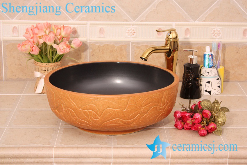 YL-G_6201 YL-G_6201 Black solid color inside and hand engraving lotus leaf outside round thicken wall ceramic sink basin bowl - shengjiang  ceramic  factory   porcelain art hand basin wash sink