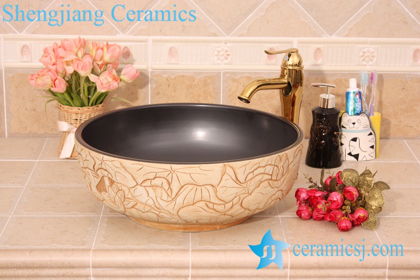 YL-G_6202 YL-G_6201 Black solid color inside and hand engraving lotus leaf outside round thicken wall ceramic sink basin bowl - shengjiang  ceramic  factory   porcelain art hand basin wash sink