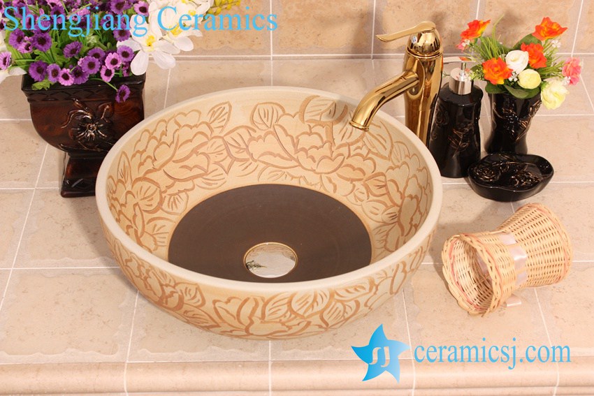 YL-G_6671 YL-G_6671 Fancy matt finished hand carving lotus flower design ceramic sink basin - shengjiang  ceramic  factory   porcelain art hand basin wash sink