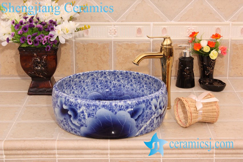 YL-H_6575 YL-H_6575 Blue and white hot sale low price round bathroom cabinet top art ceramic wash basin sink - shengjiang  ceramic  factory   porcelain art hand basin wash sink