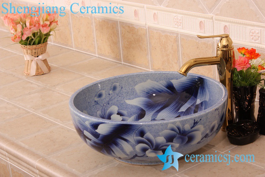 YL-H_6820 YL-H_6820 Blue and white mangnolia flower design round porcelain shampoo sink basin - shengjiang  ceramic  factory   porcelain art hand basin wash sink