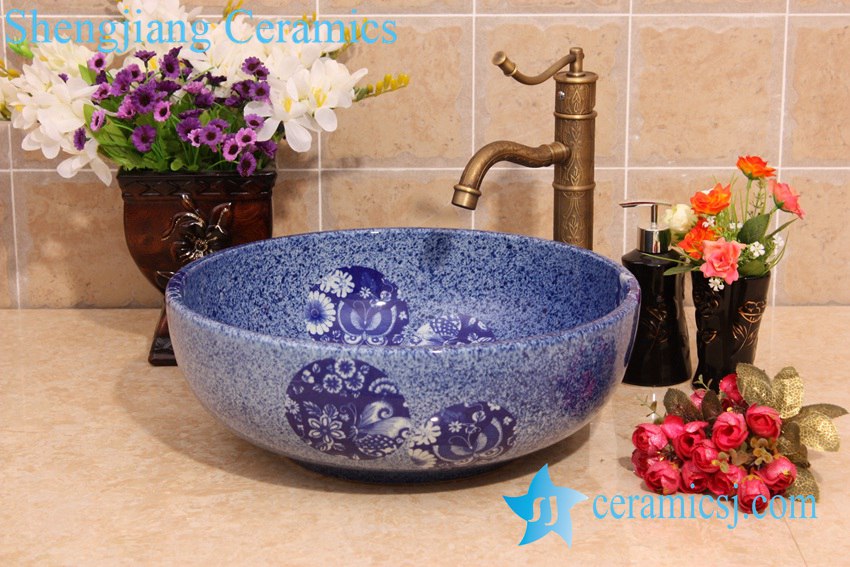 YL-H_6920 YL-H_6920 Blue and white chinaware round cabinet top wash basin sink vanity - shengjiang  ceramic  factory   porcelain art hand basin wash sink