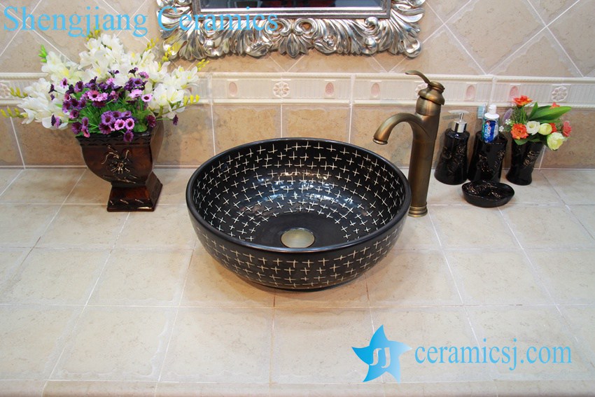 YL-OT_0634 YL-OT_0634 White cross patterned black glazed ceramic wash basin fixing - shengjiang  ceramic  factory   porcelain art hand basin wash sink