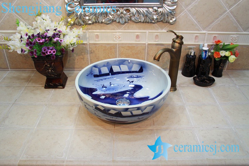 YL-OT_0644 YL-OT_0644 Merry chirstmas winter blue and white ceramic sink for bathroom - shengjiang  ceramic  factory   porcelain art hand basin wash sink