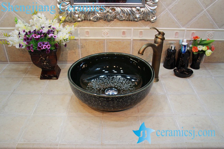 YL-OT_0648 YL-OT_0648 Italian style shinny black glazed round hand carving wash basin - shengjiang  ceramic  factory   porcelain art hand basin wash sink