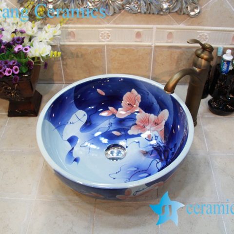 YL-OT_0761 Blue and white trumpet flower ceramic wash hand station sink basin