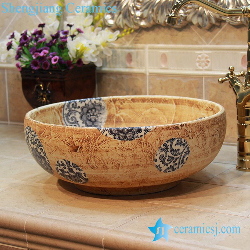 YL-OT_1733 YL-OT_1733 Blue and white round unique one piece bathroom sink and counter top sink - shengjiang  ceramic  factory   porcelain art hand basin wash sink