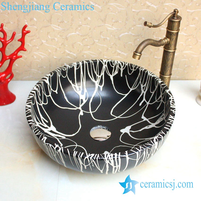 YL-O_2269 YL-O_2269 Morden style matt finished black ground white line chinaware cabinet top sanitary ware - shengjiang  ceramic  factory   porcelain art hand basin wash sink