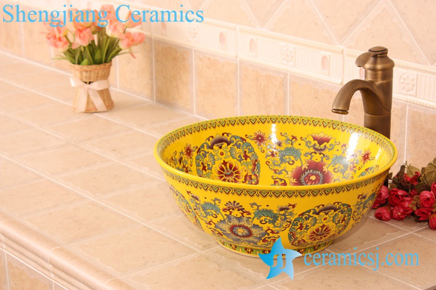 YL-P_5737 YL-P_5737 Chinese imperial yellow round enameled kitchen sink - shengjiang  ceramic  factory   porcelain art hand basin wash sink