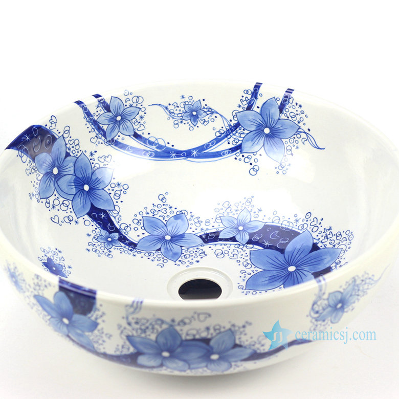 YL-TP_8792H15W41 YL-TP Blue and white floral pattern bathroom ceramic counter top round wash basin sink - shengjiang  ceramic  factory   porcelain art hand basin wash sink