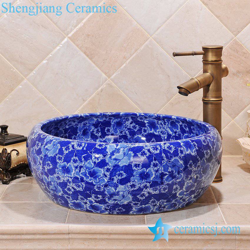 Zy 0062 Blue And White Fl Pattern Porcelain Sink For Bathroom