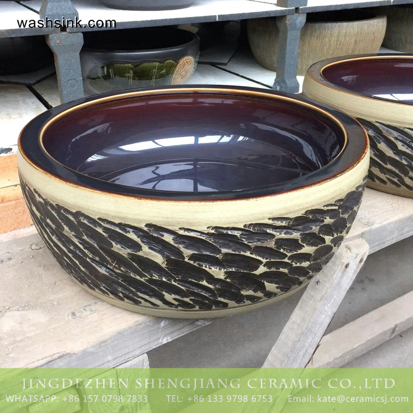 TPAA-213-w15h41j395 TPAA-213 Shengjiang ceramics factory hand carved sauce glaze porcelain portable tiny sink - shengjiang  ceramic  factory   porcelain art hand basin wash sink