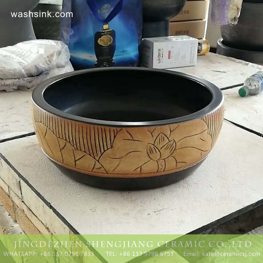 TPAA-217-w15h41j395 TPAA-217 Jingdezhen made China style hand carved lotus pattern black wall mounted porcelain washbasin - shengjiang  ceramic  factory   porcelain art hand basin wash sink