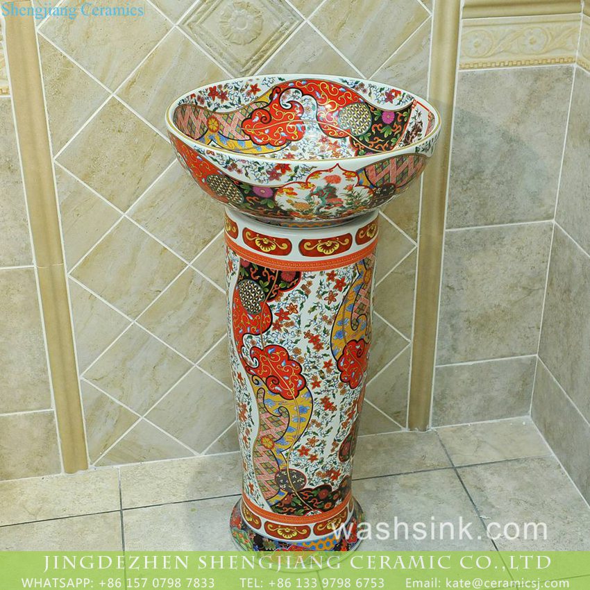 TXT-N02A-1 Porcelain City hot sales Indonesia style fantastic two-piece art pedestal vanity basin with mysterious ornate retro floral pattern printing for hotel decoration TXT-N02A-1 - shengjiang  ceramic  factory   porcelain art hand basin wash sink