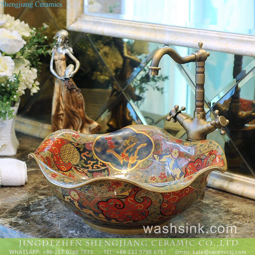 TXT031-5 Special design Jiangxi Jingdezhen supply Scottish classical retro style lotus leaf shape luxury porcelain wash basin with golden floral rim and embossed auspicious clouds surface TXT031-5 - shengjiang  ceramic  factory   porcelain art hand basin wash sink