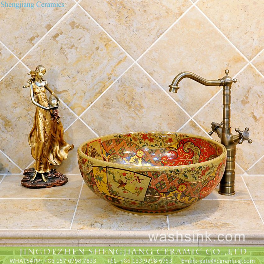 TXT06B-4 TXT06B-4 JDZ China bird floral pattern artistic ceramic sink with components - shengjiang  ceramic  factory   porcelain art hand basin wash sink