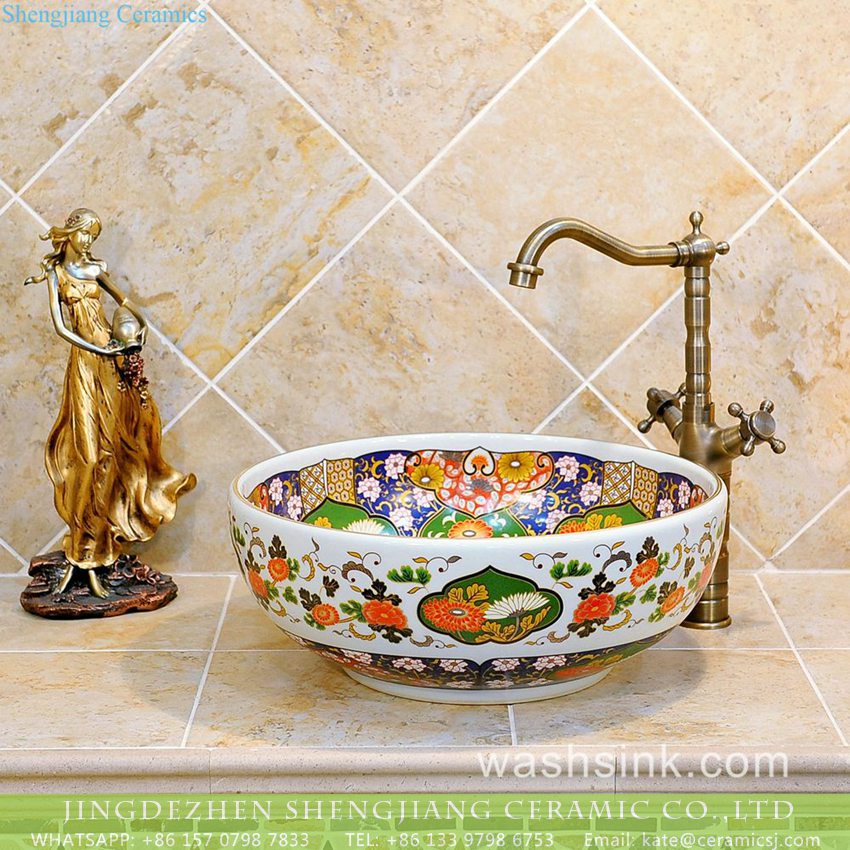 TXT07A-5 TXT07A-5 China wholesale price chrysanthemum pattern porcelain vintage corner sink - shengjiang  ceramic  factory   porcelain art hand basin wash sink