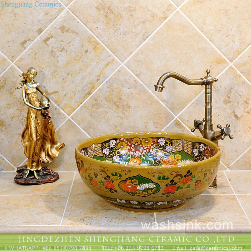 TXT07B-4 TXT07B-4 Chinese supplier lower price yellow background color chrysanthemum pattern porcelain hand basins - shengjiang  ceramic  factory   porcelain art hand basin wash sink