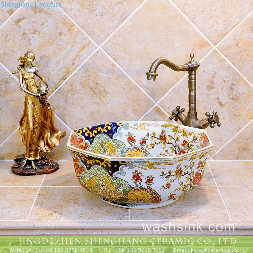 TXT09A-5 TXT09A-5 Fashionable Jingdezhen China octagonal hand made floral porcelain bathroom sanitary ware - shengjiang  ceramic  factory   porcelain art hand basin wash sink