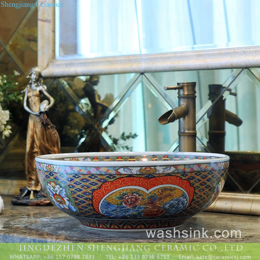 TXT172-3 Shengjiang Ceramics factory direct Victorian antique quaint royal court style high strength round porcelain enamel countertop vanity basin with floral and colorful block pattern on white glaze TXT172-3 - shengjiang  ceramic  factory   porcelain art hand basin wash sink