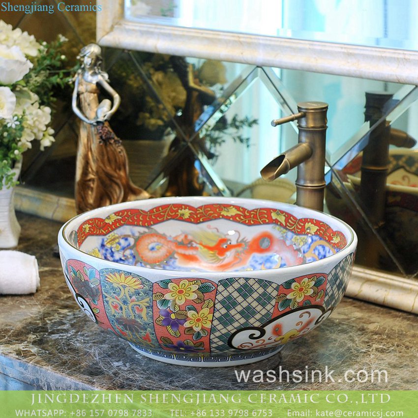 TXT176-4 Dragon Series Traditional China ethnic style round elegant retro gorgeous art ceramic enamel over mount basin with magnificent imperial palace, dragon and floral pattern on white glaze TXT176-4 - shengjiang  ceramic  factory   porcelain art hand basin wash sink