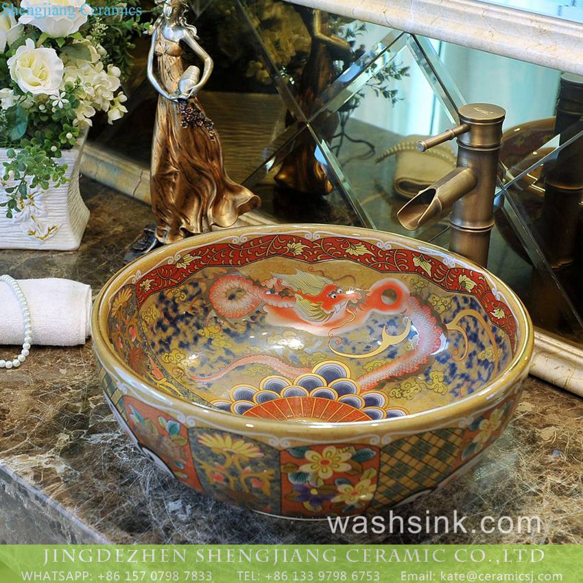 TXT177-4 Dragon Series Jingdezhen hand made Chinoiserie quaint ornate porcelain over mount wash hand sink with gold drawing Forbidden city dragon pattern on golden wall and various floral pattern on surface TXT177-4 - shengjiang  ceramic  factory   porcelain art hand basin wash sink