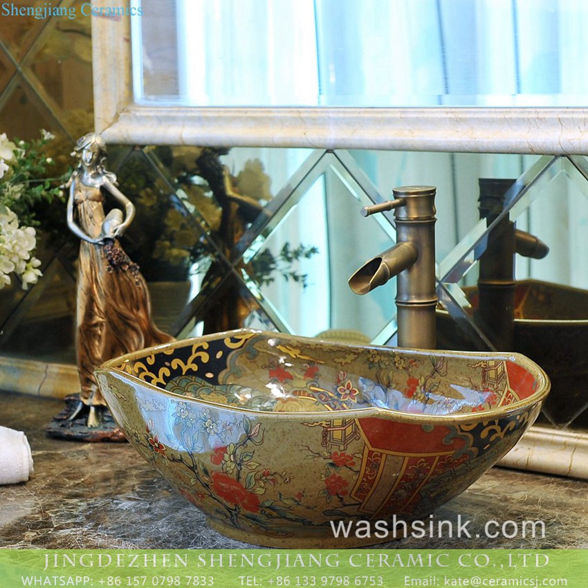 TXT178-3 Made in Jingdezhen Chinoiserie retro style irregular gold drawing edge ceramic bathroom design vessel sink with floral pattern on grayish green wall and surface TXT178-3 - shengjiang  ceramic  factory   porcelain art hand basin wash sink