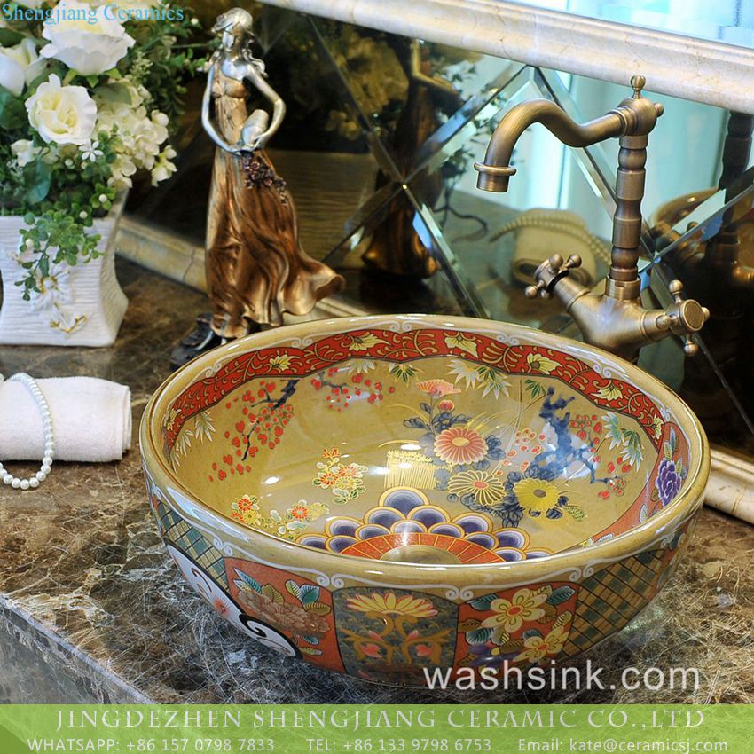 TXT179-3 Shengjiang Ceramics supply Indonesia style gorgeous round old fashioned wash bowl with shinny golden chrysanthemum pattern on wall and surface TXT179-3 - shengjiang  ceramic  factory   porcelain art hand basin wash sink