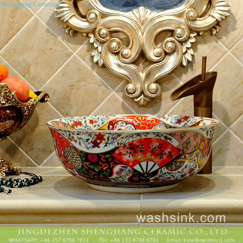 TXT17A-4 TXT17A-4 Factory price Jingdezhen hand made floral fan pattern enamel wash basin wholesale - shengjiang  ceramic  factory   porcelain art hand basin wash sink