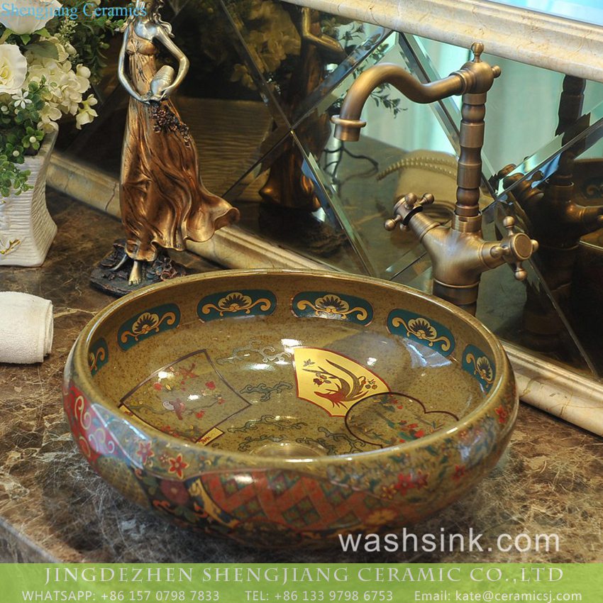 TXT180-3 China supply Indian antique retro style hot sale gorgeous porcelain bowl vessel basin with golden secret garden pattern on grayish-green wall and surface TXT180-3 - shengjiang  ceramic  factory   porcelain art hand basin wash sink